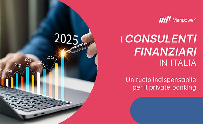Consulenti finanziari | Immagine con titolo dell'articolo, sottotitolo mano di un consulente finanziario che con una grafica di istogramma che mostra il miglioramento nel corso degli anni