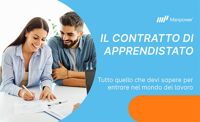Contratto di apprendistato | Immagine che mostra una ragazza sorridente che firma un contratto, affiancata da un ragazzo felice e dal datore di lavoro girato di spalle. Sono presenti anche titolo e sottotitolo dell'articolo