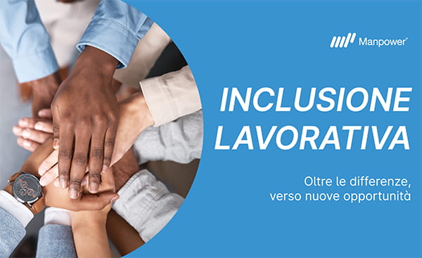 Inclusione lavorativa | Immagine di mani sovrapposte, sono presenti anche titolo e sottotitolo dell’articolo