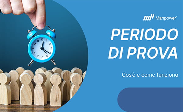 Periodo di prova | Immagine di una mano che tiene in mano una sveglia, sotto la quale ci sono degli omini di legno. Si leggono titolo e sottotitolo dell’articolo