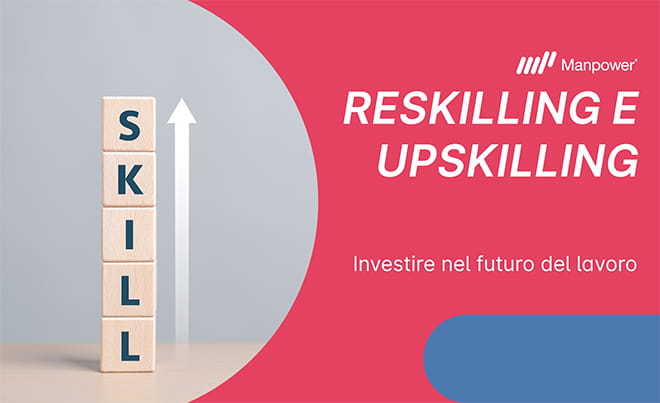 Reskilling e upskilling | Immagini di alcuni dadi di legno sulla quale c'è la scritta "skills" e una freccia verso l'alto, si vedeno anche titolo e sottotitolo dell'articolo