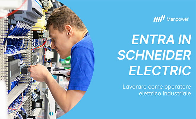 Lavoro elettricista industriale | Immagine di un uomo che lavora in campo elettrico, sono presenti anche titolo e sottotitolo dell'articolo