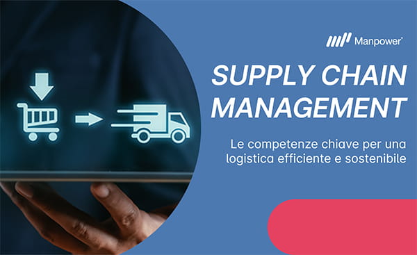 Supply chain management | Immagine di una persona che tiene in mano un tablet sopra la quale si vedono dei simboli che rappresentano un carrello e un furgone, sono presenti anche titolo e sottotitolo dell'articolo