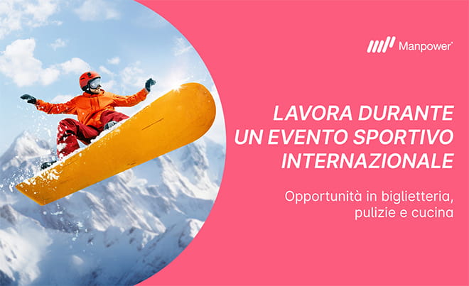 Lavoro eventi sportivi | Immagine di skateboarder con paesaggio innevato, sono presenti anche titolo e sottotilo dell'articolo