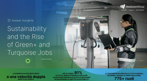 Green Jobs 2025 | Immagine di anteprima dell'articolo sul report di ManpowerGroup con imamgine di una donna che lavora su una colonnina per la ricarica di auto elettriche