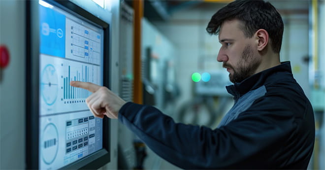 Efficientamento Energetico | Immagine di un uomo che osserva e indica uno schermo che mostra dati diversi
